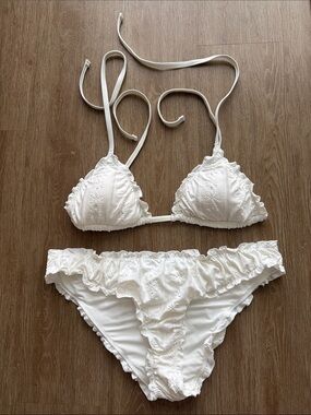 Aerie White Ruffled Embroidered Triangle Bikini Set